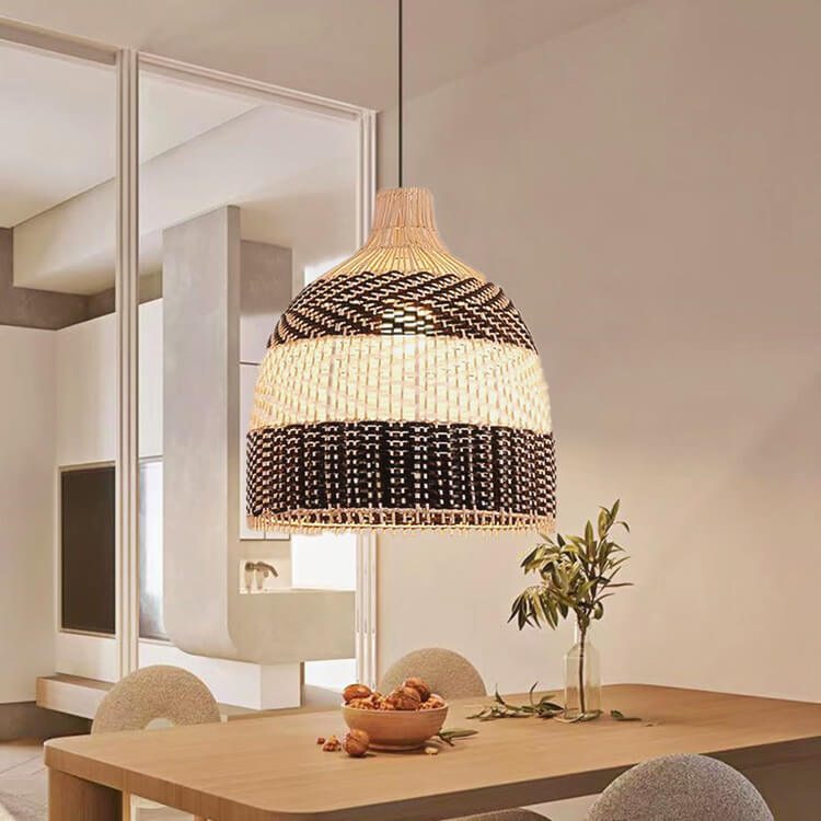 Modern Rattan Bamboo Black and White Dome 3-Light Chandelier