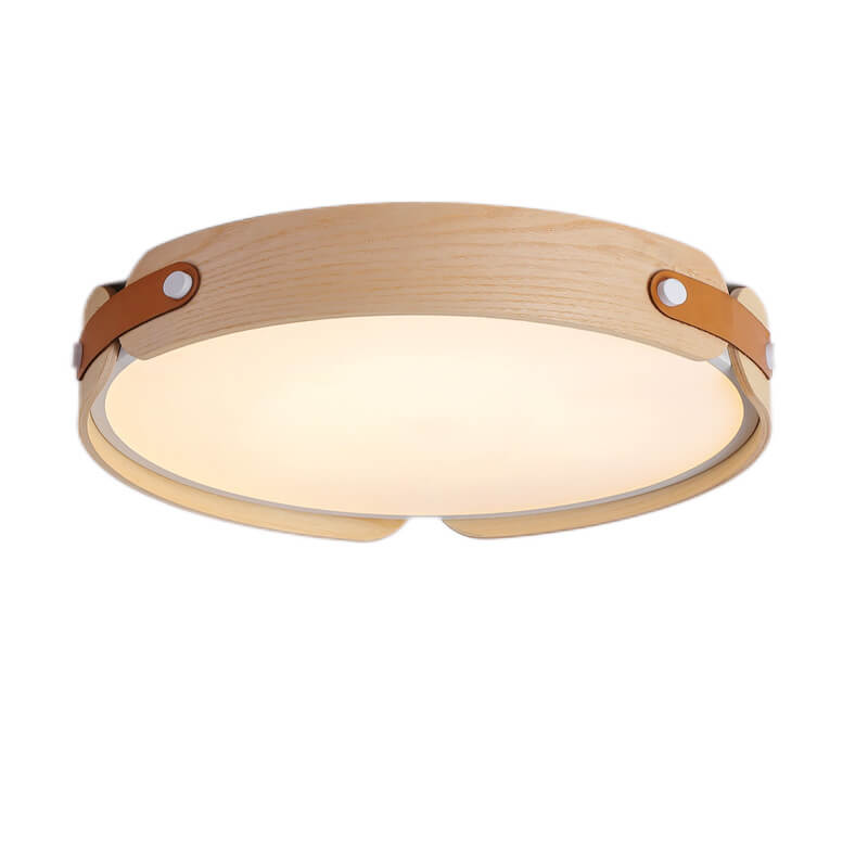 Modern Minimalist Solid Wood Round Leather Design LED Flush Mount Ceiling Light