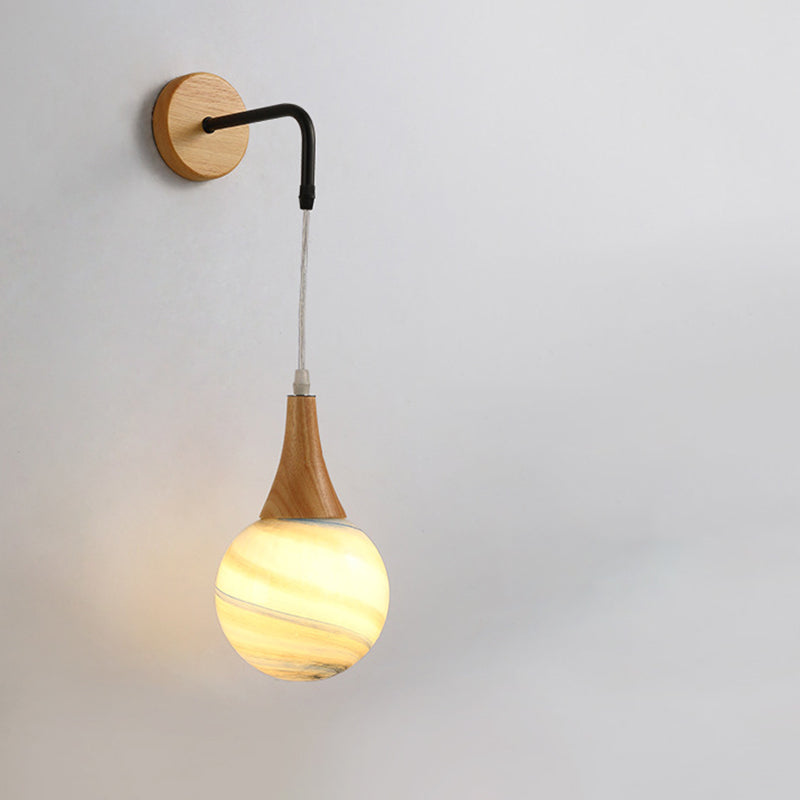 Traditional Vintage Wood Frame Moon Textured Globe Shade 1-Light Wall Sconce Lamp For Bedroom