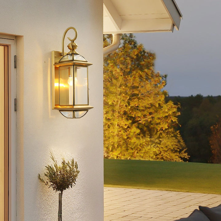 Traditional European Copper Glass Square Lantern 1-Light Outdoor Waterproof Wall Sconce Lamp For Outdoor