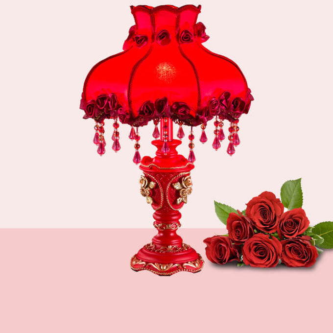 European Wedding Red Fabric Tassel Resin 1-Light Table Lamp