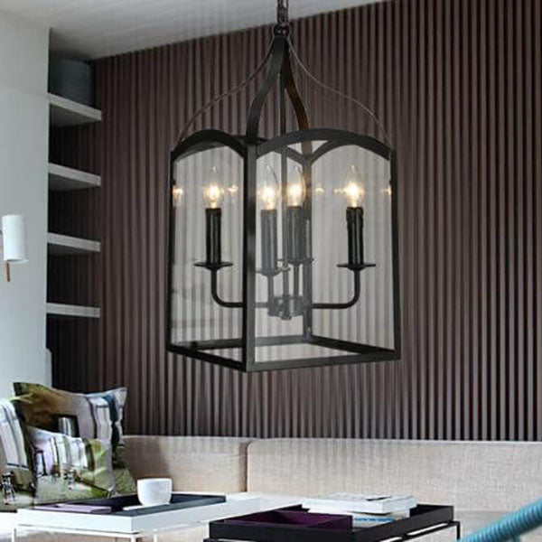 Lámpara de araña contemporánea industrial de 4 luces con jaula cuadrada de hierro y vidrio para salón 