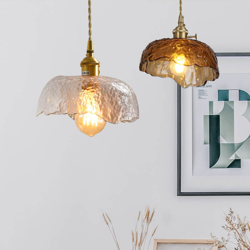 Vintage Textured Glass Brass Dome 1-Light Pendant Light