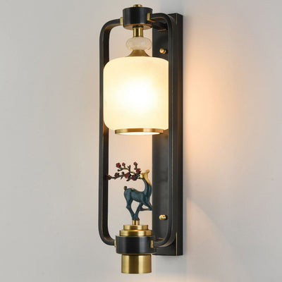 Modern Chinese Plum Deer Brass Glass Ring 2-Light Wall Sconce Lamp