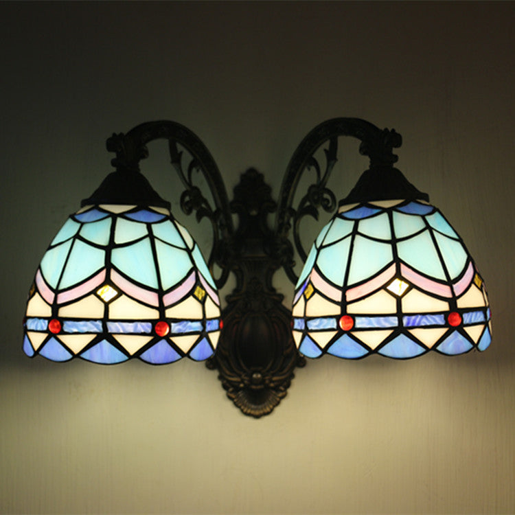 Vintage Tiffany Dome Stained Glass 2-Light Wall Sconce Lamp