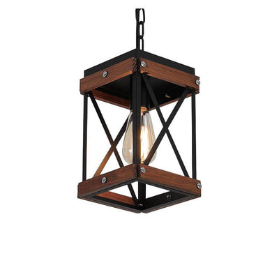 Iron Wooden Cage 1-Light Adjustable Square Pendant Light