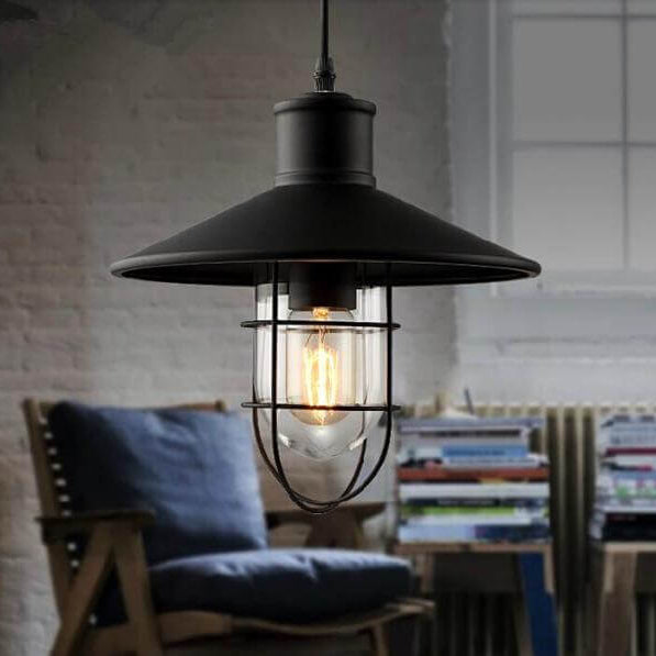 Contemporary Industrial Round Black Cage Iron 1-Light Single Bell Pendant Light For Living Room