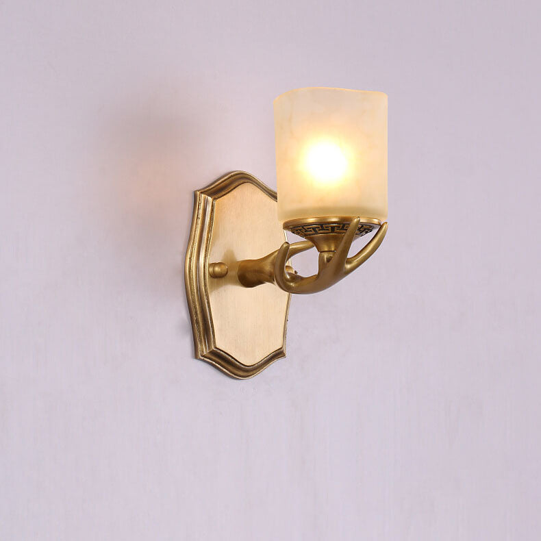 European Vintage Antler Brass Glass 1-Light Wall Sconce Lamp