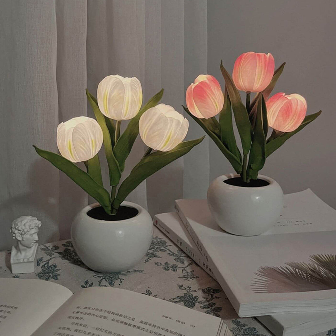 Tulipe Simulation Bouquet Pot de Fleur en Céramique Lampe de Table Lumière Nocturne LED 