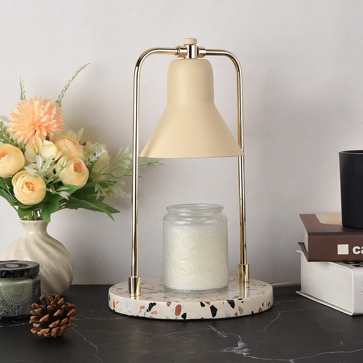 Moderne milchgelbe Kegelschirm-Marmor-2-Licht-Tischlampe mit schmelzendem Wachs