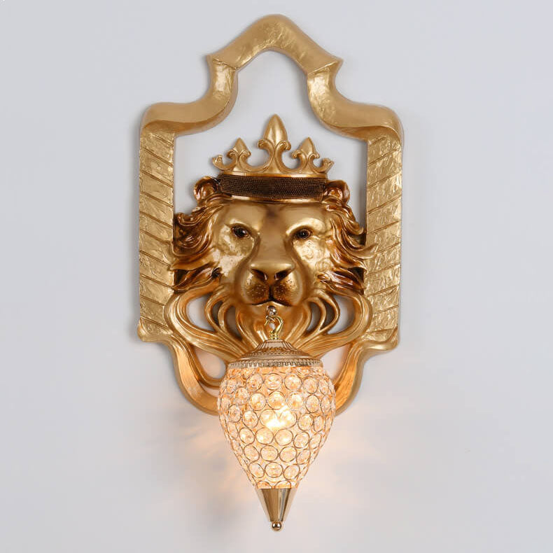 Aplique de Pared de 1 Luz con Lámpara de Cristal de Resina de Cabeza de León Vintage 