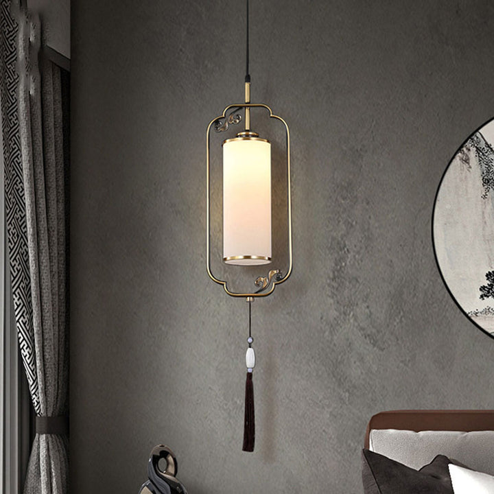Traditionelle 1-flammige Wandleuchte aus chinesischem Kupfer, Eisen und Glas in Säulenform für das Wohnzimmer 
