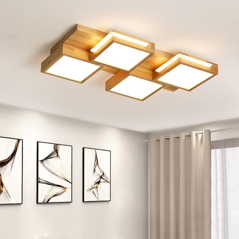 Nordic Simple Solid Wood Square LED Flush Mount Light