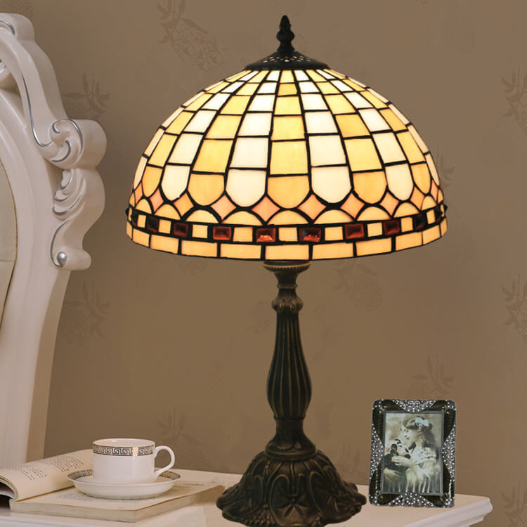 European Tiffany Yellow Plaid Stained Glass Dome 1-Light Table Lamp