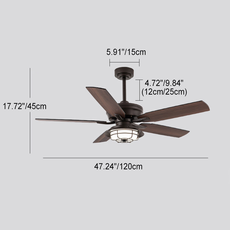 Zeitgenössische industrielle wasserdichte Holzventilatorflügel Runde Eisenrahmen Schatten LED Downrods Deckenventilator Licht für Außenterrasse 