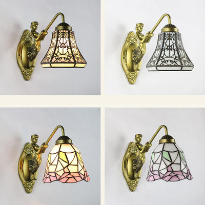 Vintage Tiffany Mediterranean Conical Stained Glass 1-Light Wall Sconce Lamp