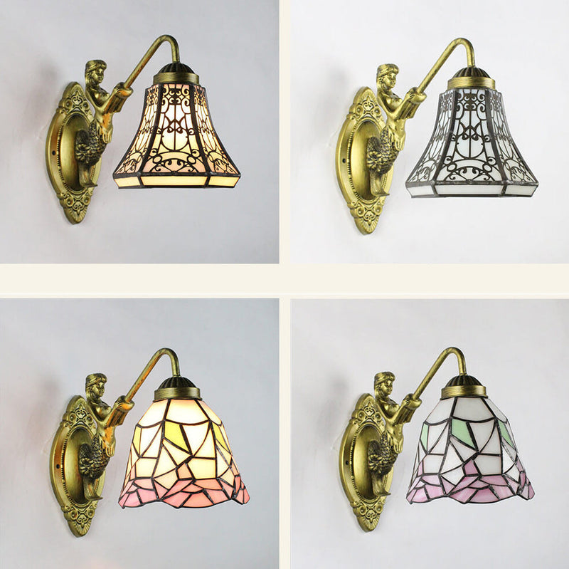 Vintage Tiffany Mediterranean Conical Stained Glass 1-Light Wall Sconce Lamp