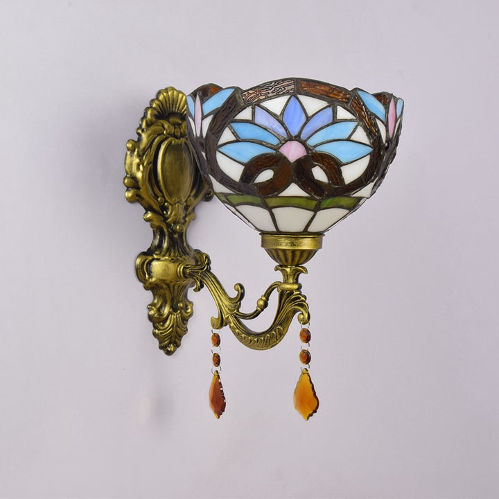 Traditionelle 1-flammige Tiffany-Wandleuchte im Barockstil aus Eisen mit Buntglas-Kristallglasschale für Wohnzimmer &amp; Schlafzimmer 