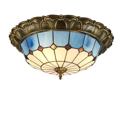 Tiffany Mediterranean Stained Glass Round LED Flush Mount Ceiling Light