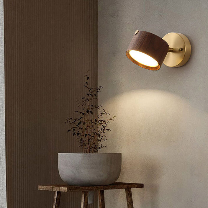 Modern Minimalist Round Iron Rubber Wood LED Wall Sconce Lamp