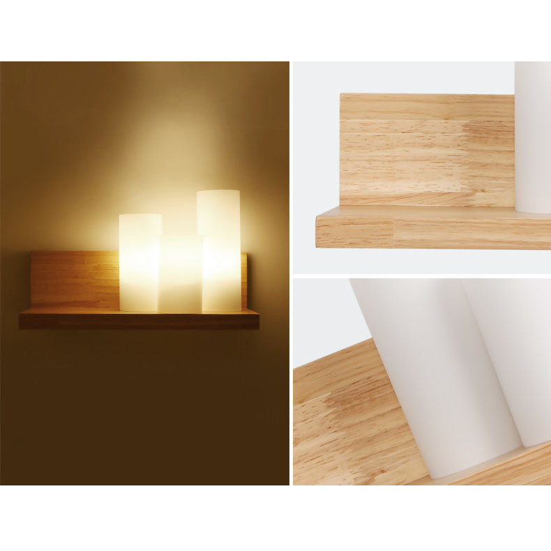 Japanese Minimalist Cylindrical Wooden Glass 1-Light Wall Sconce Lamp