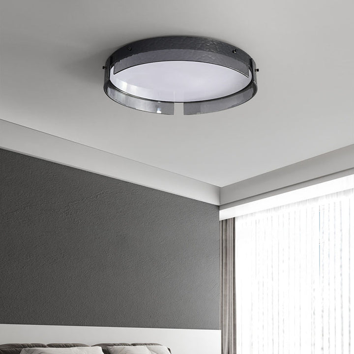 Modern Minimalist Black Round Drum Glass Aluminum Acrylic LED Flush Mount Ceiling Light For Living Room &amp; Bedroom