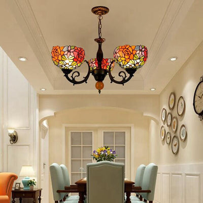 European Tiffany Showy Rose Stained Glass 3-Light Chandelier