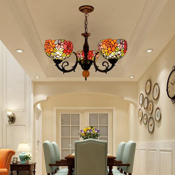 European Tiffany Showy Rose Stained Glass 3-Light Chandelier