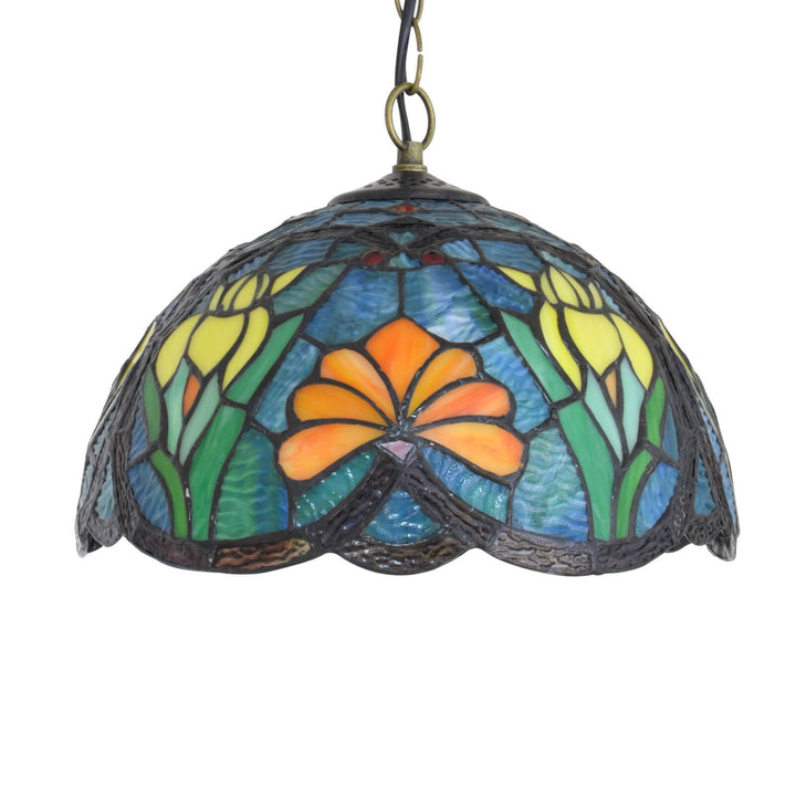 European Vintage Tiffany Flowers Birds Stained Glass 1-Light Pendant Light