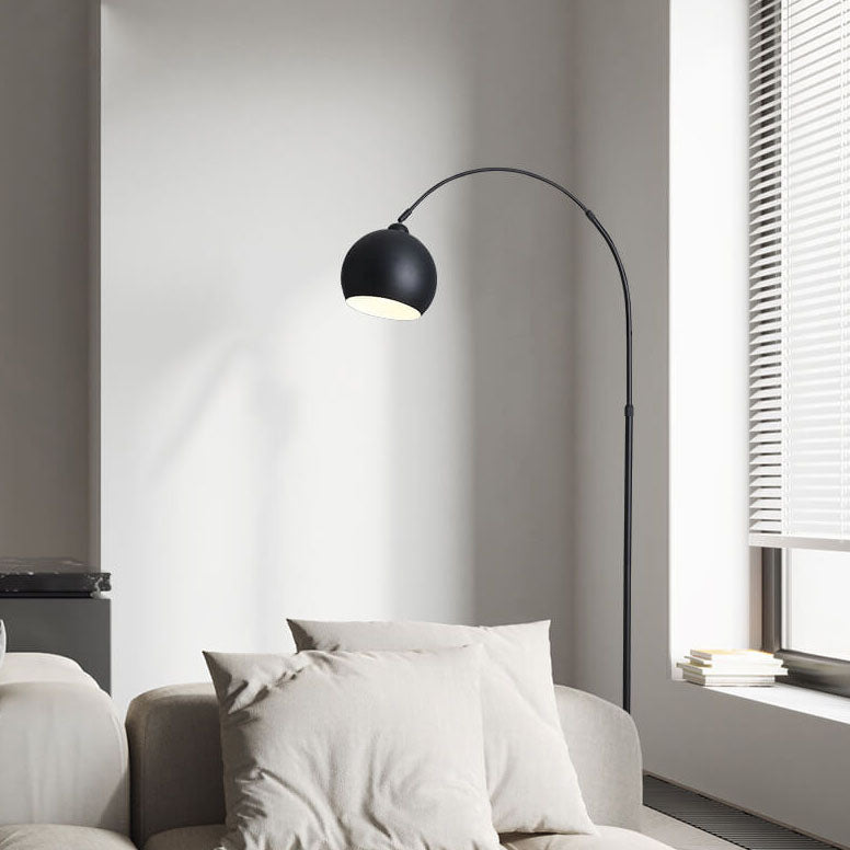 Moderne nordische Stehlampe aus Edelstahl und Eisen in Angelruten-Optik mit kuppelförmigem Rundschirm, 1-flammig, für das Schlafzimmer 