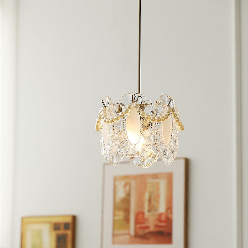 Traditional French Feather Pearl Petal Hardware Glass 1-Light Pendant Light For Bedroom