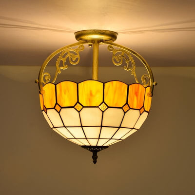 Tiffany European Mediterranean Yellow Glass Bowl 2-Light Semi-Flush Mount Ceiling Light