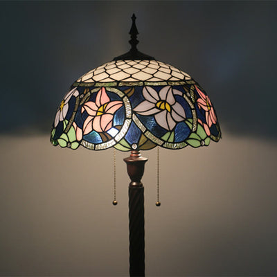 Vintage Tiffany Flower Blue Glass 2-Light Standing Floor Lamp