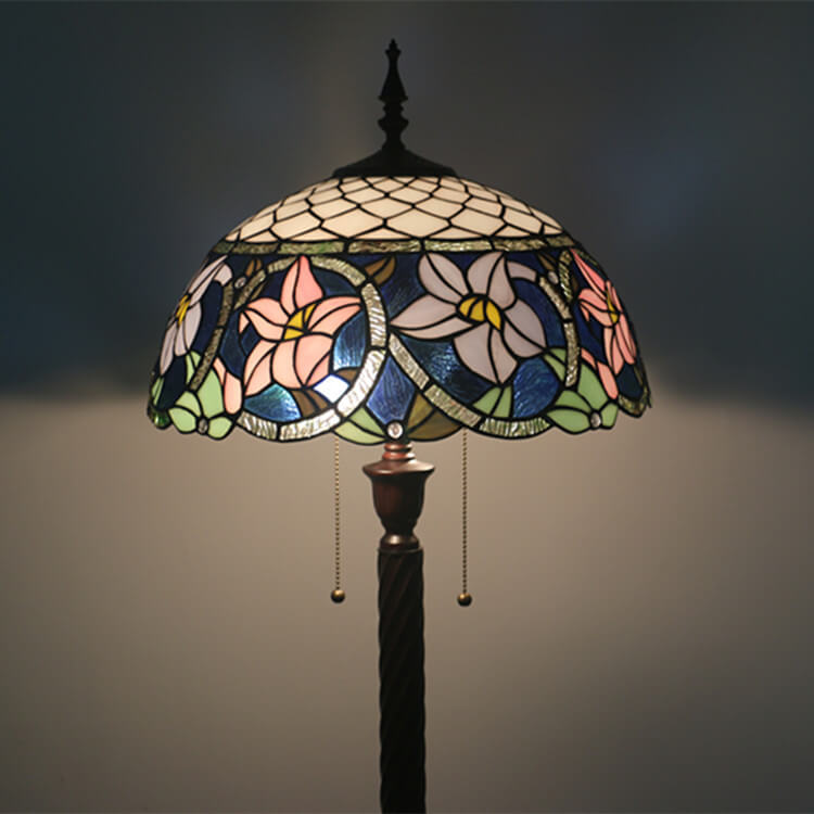 Vintage Tiffany Flower Blue Glass 2-Light Standing Floor Lamp