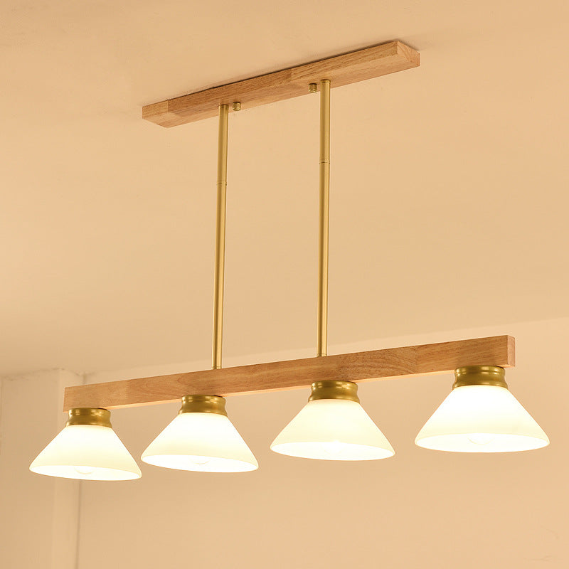 Lámpara de Araña de Isla de 3/4 Luces con Pantalla de Vidrio Cónica de Madera Maciza Nórdica 