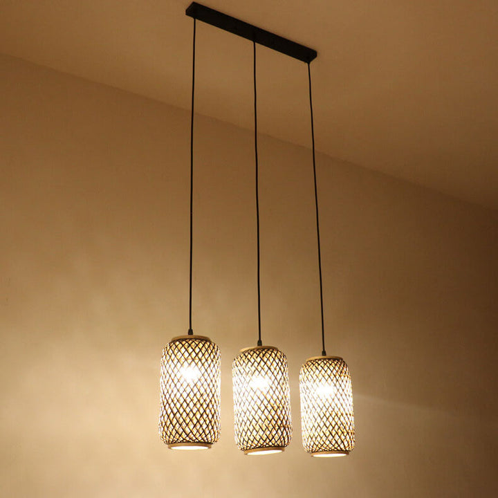 Lámpara colgante lineal de 3 luces con columna de bambú y hierro, estilo moderno minimalista, para comedor 