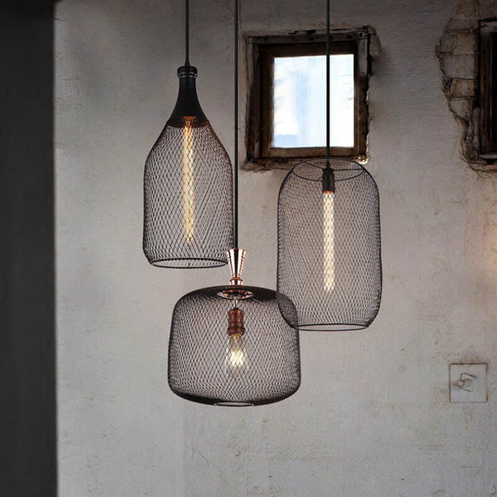 Suspension Luminaire Industrielle Créative en Maille de Fer Cylindrique à 1 Lumière 