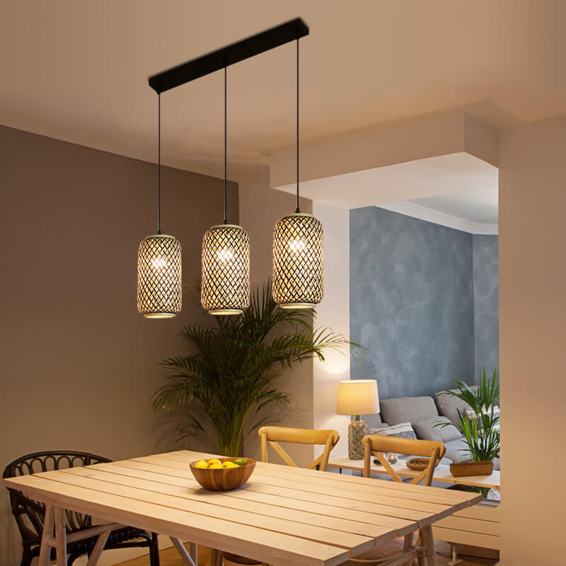 Lámpara colgante lineal de 3 luces con columna de bambú y hierro, estilo moderno minimalista, para comedor 