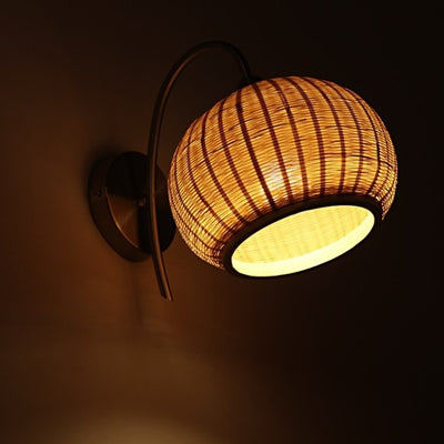Modern Chinese Bamboo Weaving Round Lantern 1-Light Wall Sconce Lamp