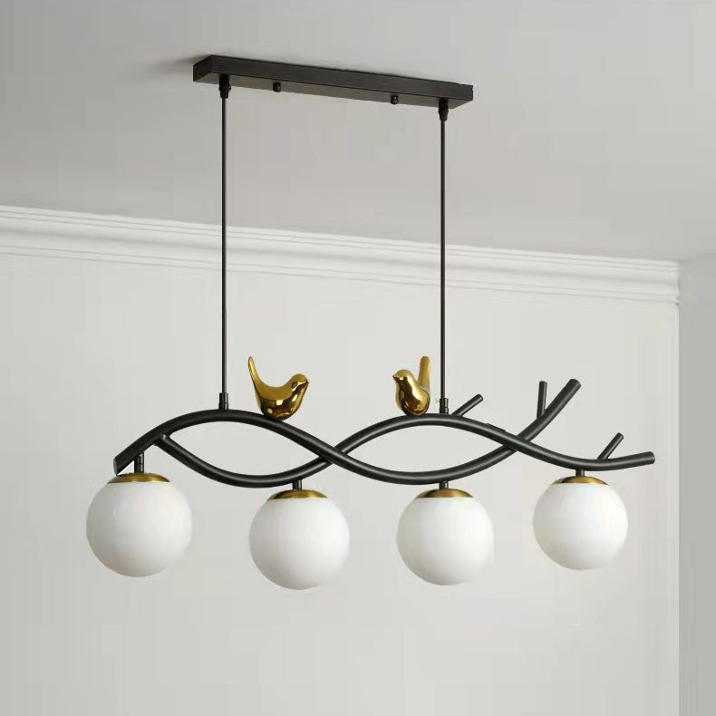 Contemporary Creative Bird Hardware Branch Glass Ball Shade 4-Light Island Light Chandelier For Living Room