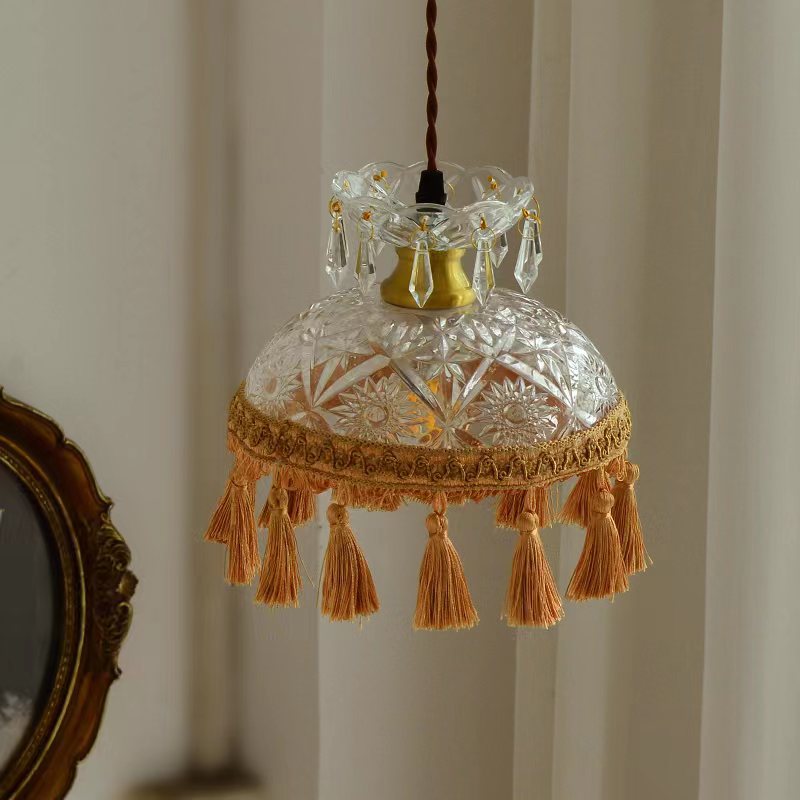 French Luxury Glass Copper Dome Tassel 1-Light Pendant Light