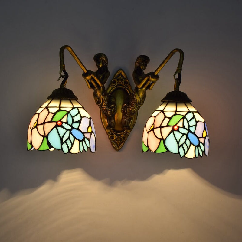 European Tiffany Mermaid Stained Glass 2-Light Wall Sconce Lamp