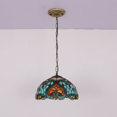 European Vintage Tiffany Stained Glass Metal 1-Light Pendant Light