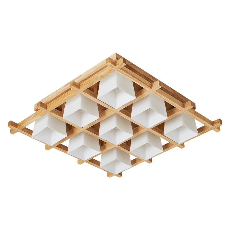 Japanese Minimalist Wooden Square Cube Shade 4/6/9 Light Flush Mount Ceiling Light