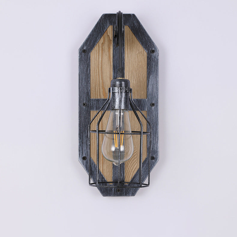 Contemporary Industrial Pine Wood Iron Cage 1-Light Wall Sconce Lamp For Living Room &amp; Bedroom