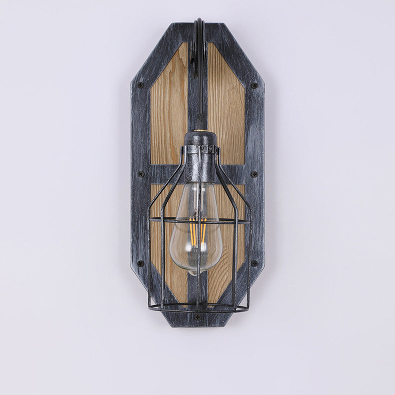 Industrial Vintage Wood Base Cage 1-Light Wall Sconce Lamp