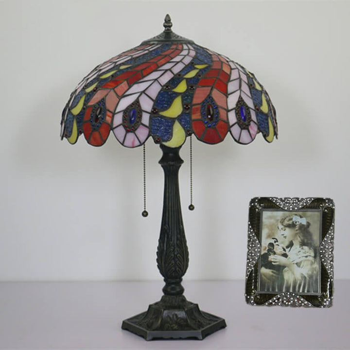Lampe de table à 1 lumière avec motif créatif de plume de queue de paon Tiffany 