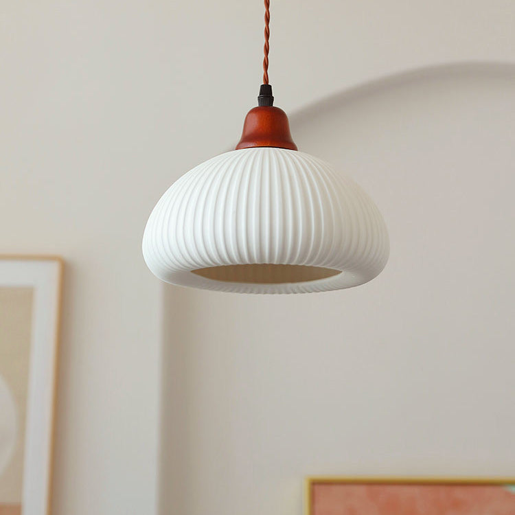 Japanese Vintage Pleated Ceramic Round Dome Wood 1-Light Pendant Light