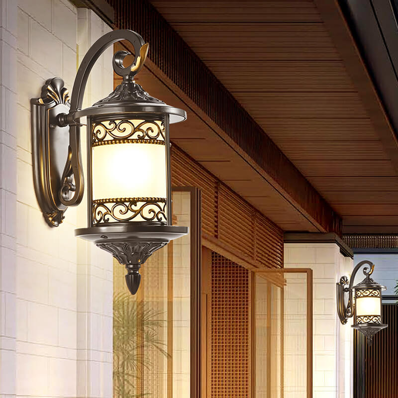European Vintage Cylindrical Carved Outdoor Waterproof 1-Light Wall Sconce Lamp