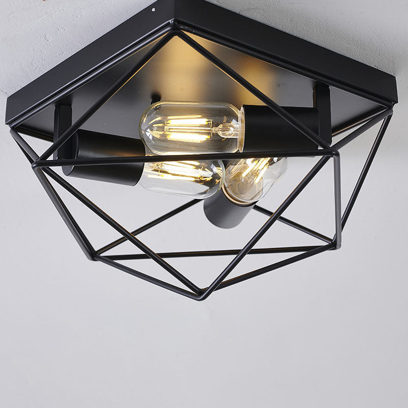 Vintage Industrial Black Iron Diamond Geometry 3-Light Flush Mount Ceiling Light